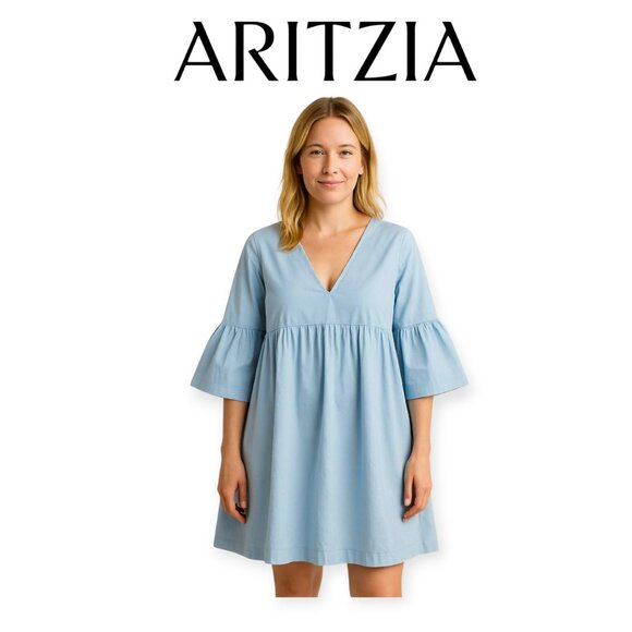Sunday Best Babydoll Baby Blue Mini Dress Bell Sleeve Keyhole Poplin Cotton S - Picture 1 of 11